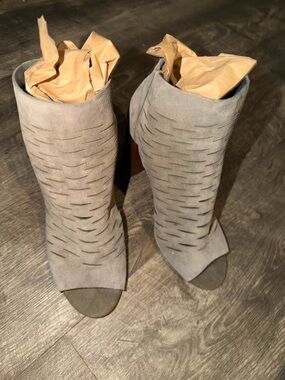 1. State Taupe Suede Laser-Cut Peep-Toe Booties NWOT